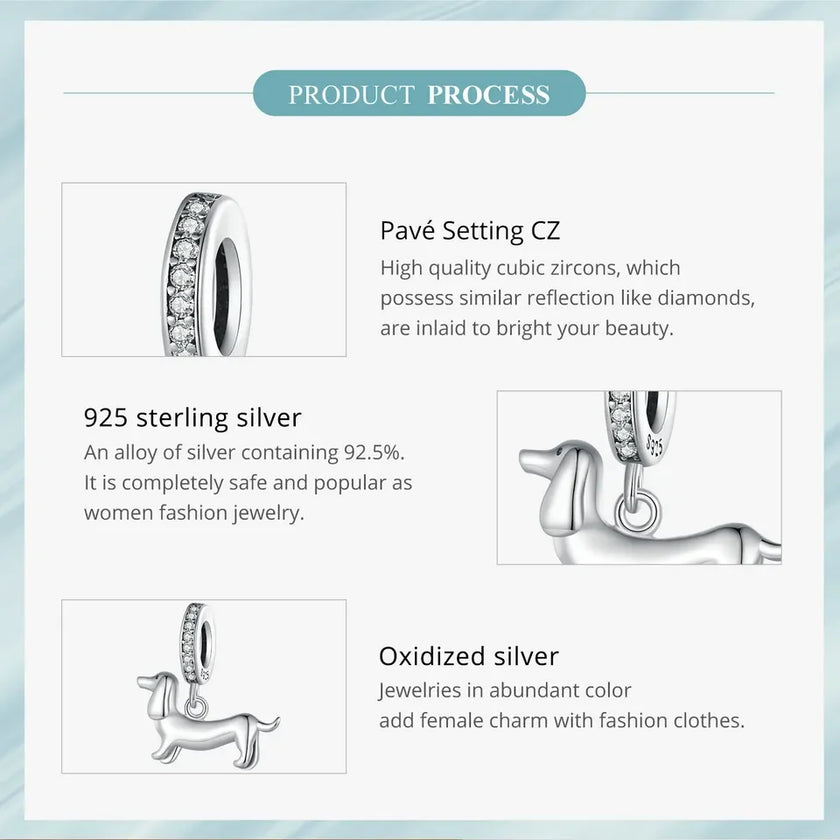 Genuine 925 Sterling Silver Pet Dog Charm For Bracelet - Poodle Dachshund Pendant