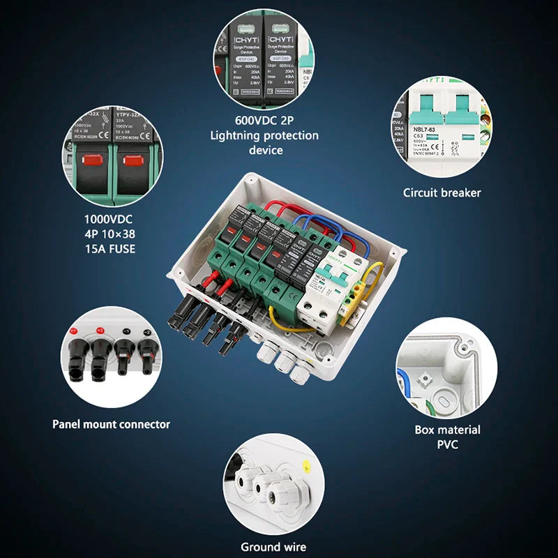 Solar Photovoltaic combiner box - lightning protection 2 input 1 out  MCB SPD box IP65