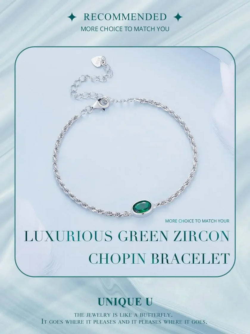 Sterling Silver Chopin Bracelet with Green Zircon – Adjustable