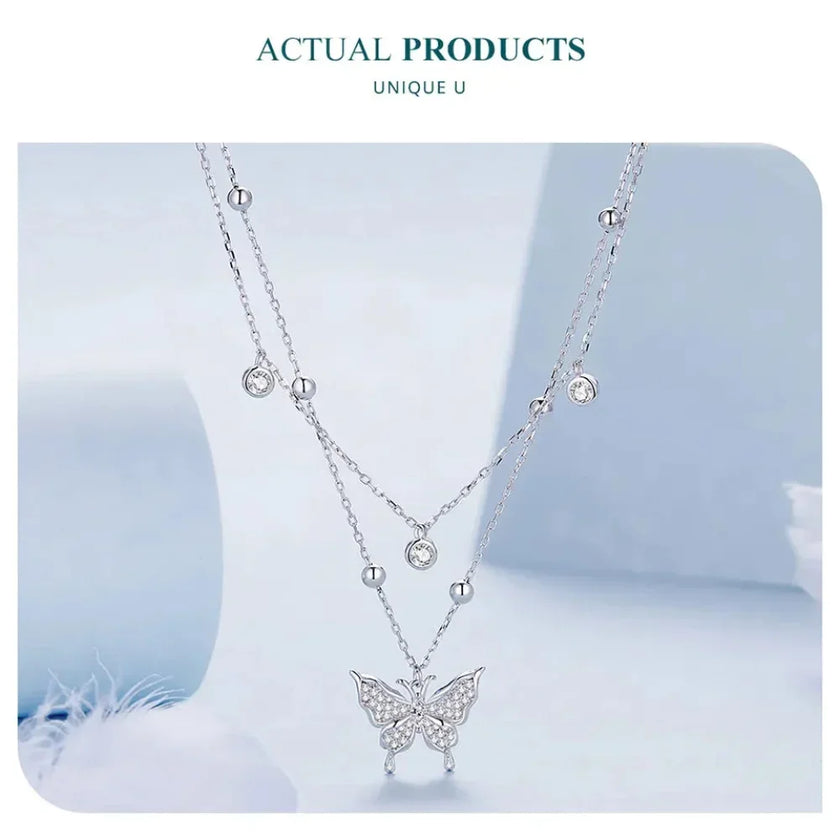 925 Sterling Silver Double-layer Tassel Butterfly Pendant Necklace for Women - Elegant Fine jewelry