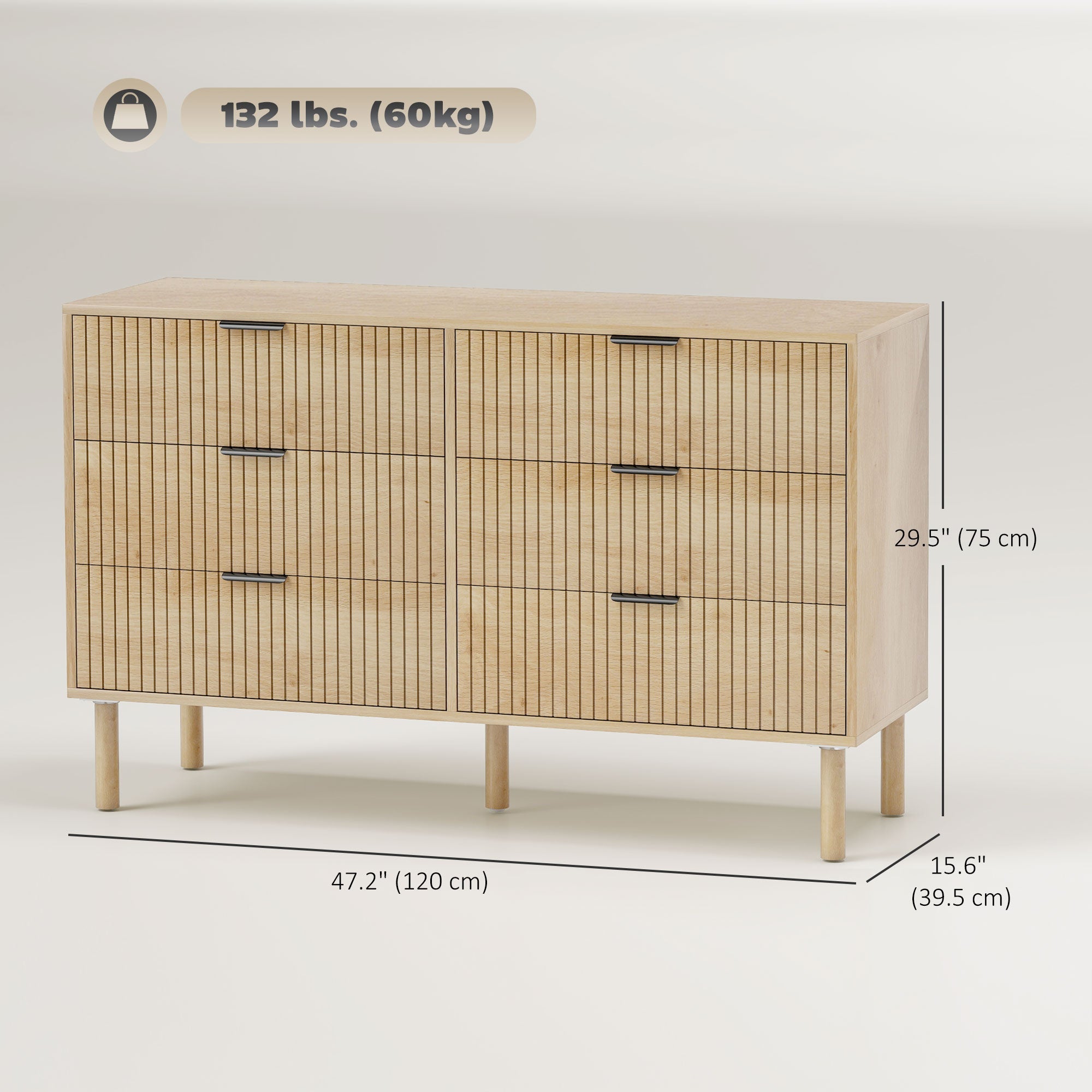 Jesse 6 Drawer Dresser with Fluted Panels-Oak