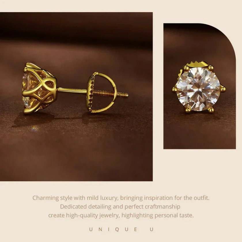 Radiant Moissanite Stud Earrings | D Color Round Cut 925 Silver, Gold Plated