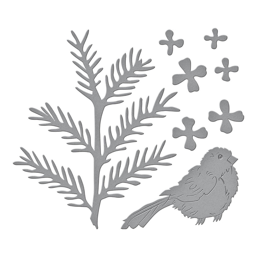 Hemlock, Cones and Chickadee Etched Dies from the Snow Garden Collection by Susan Tierney-Cockburn