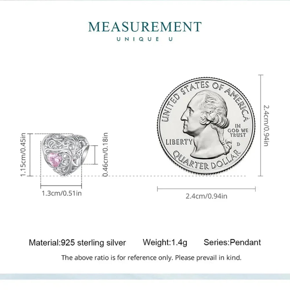 925 Sterling Silver Diy Heart Charm With Pink Zircon - Bsc777