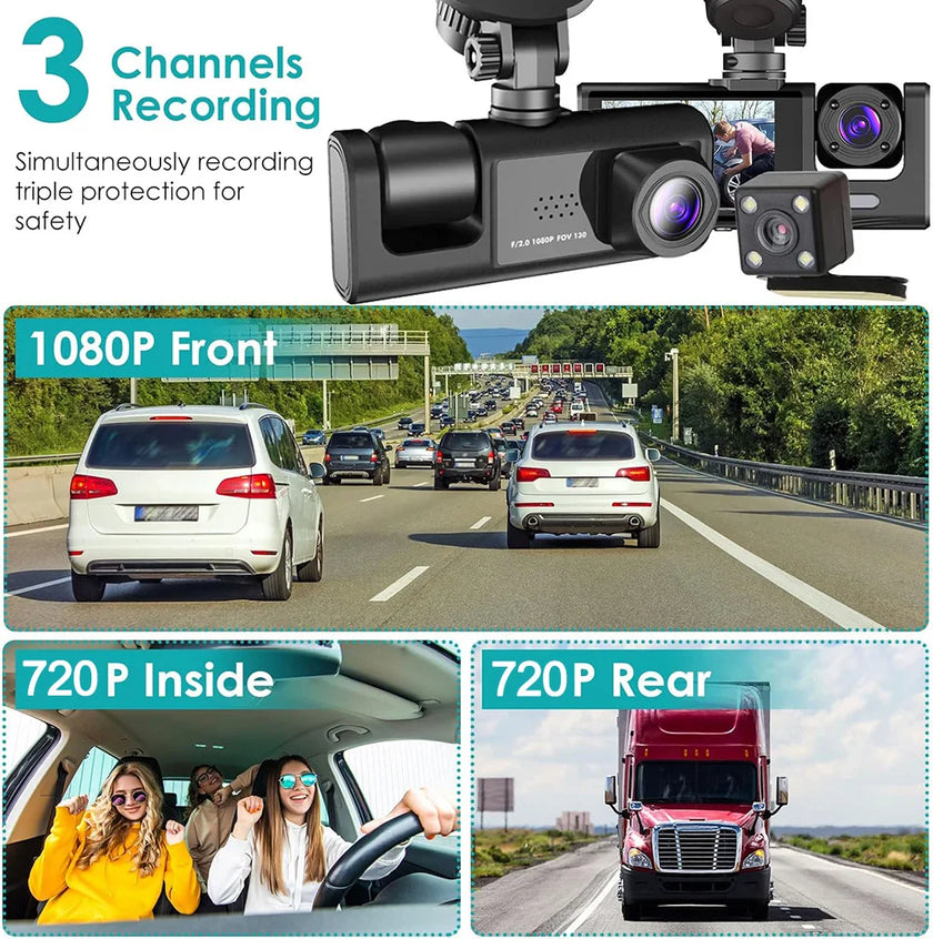 3 Channel Dash Cam for Car Front And Rear Camera 1080P Video Recorder Dashcam Black Box Car DVR Rear View Camera car accessory