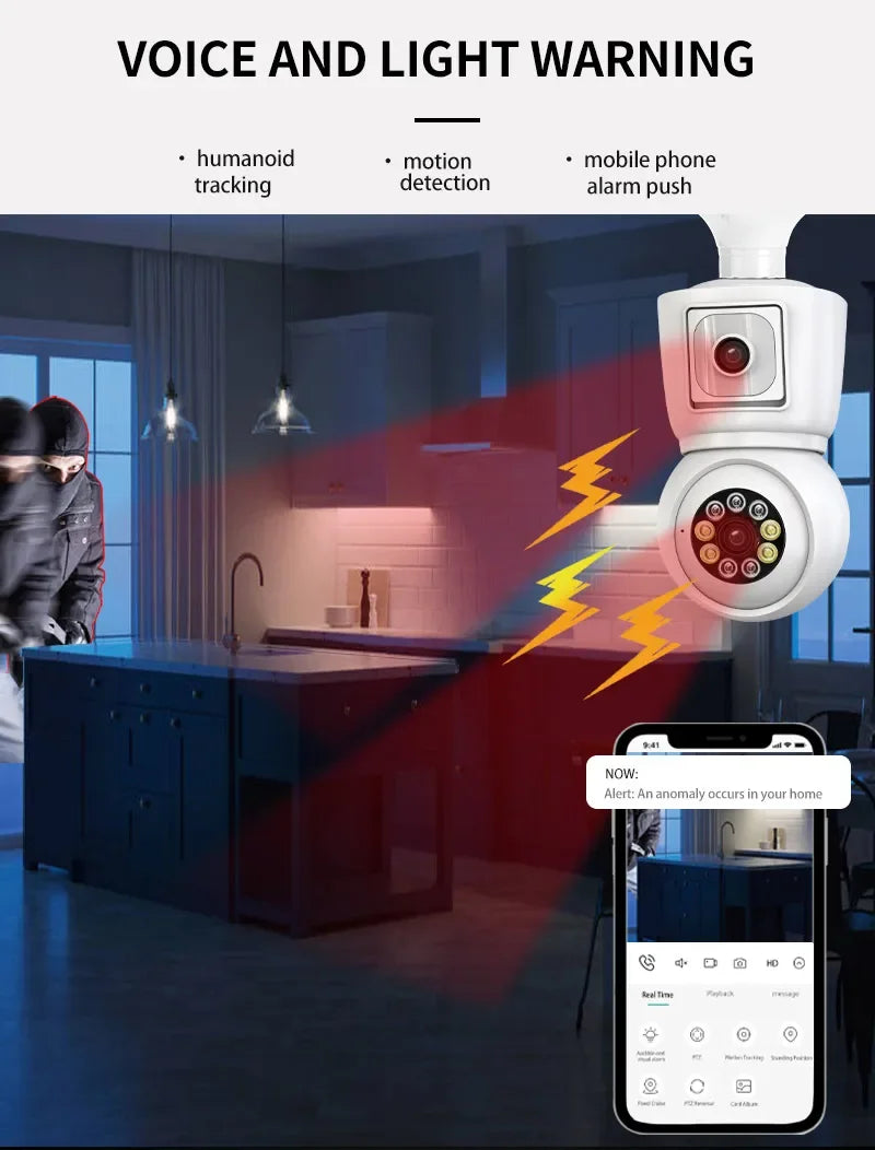 8MP E27 Bulb WiFi Camera 4K Dual Lens Dual Screen Cam Auto Tracking Two Way Audio Night Vision CCTV Security Protection ICSEE