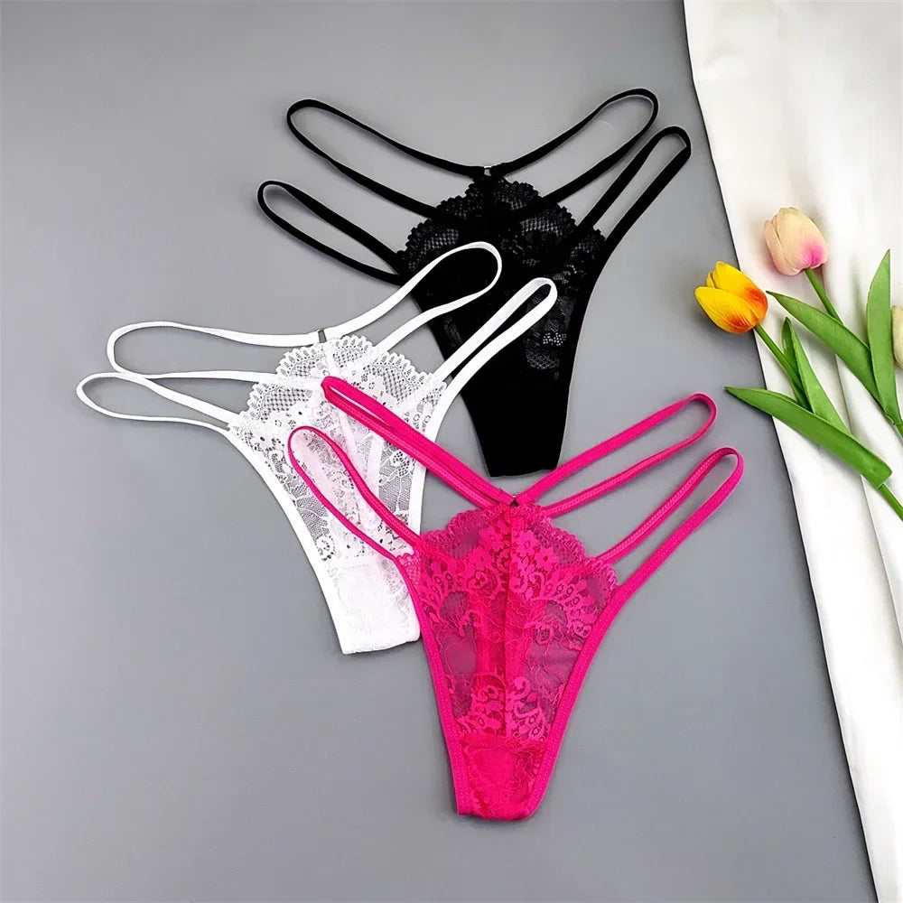3-Pack Lace Peekaboo G-Strings – Strappy, Sheer, & Seductive T-Back Thongs