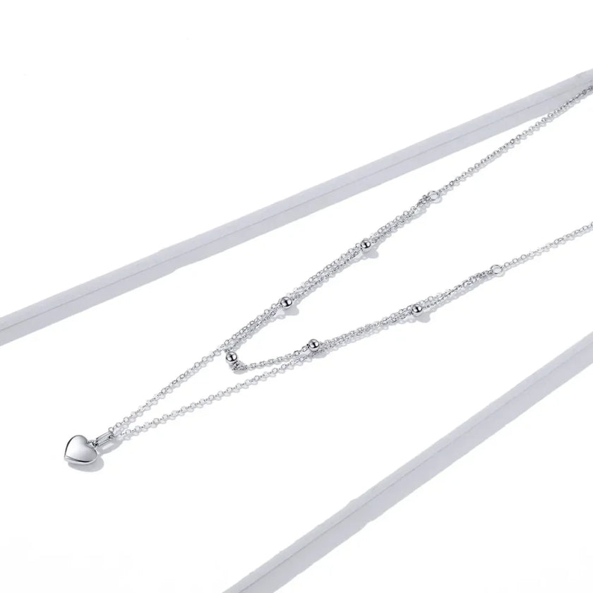 925 Sterling Silver Double Layer Heart Pendant Choker Necklace