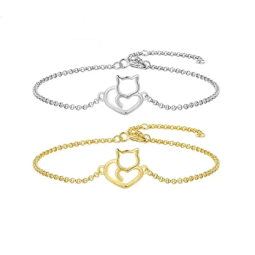 925 Sterling Silver Cat Heart Chain Bracelet