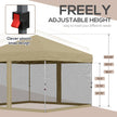 Outsunny 10' x 10' Pop-Up Party Tent Outdoor Canopy Tent with Mesh Sidewalls, 3-Level Adjustable Height, Roller Bag, Khaki