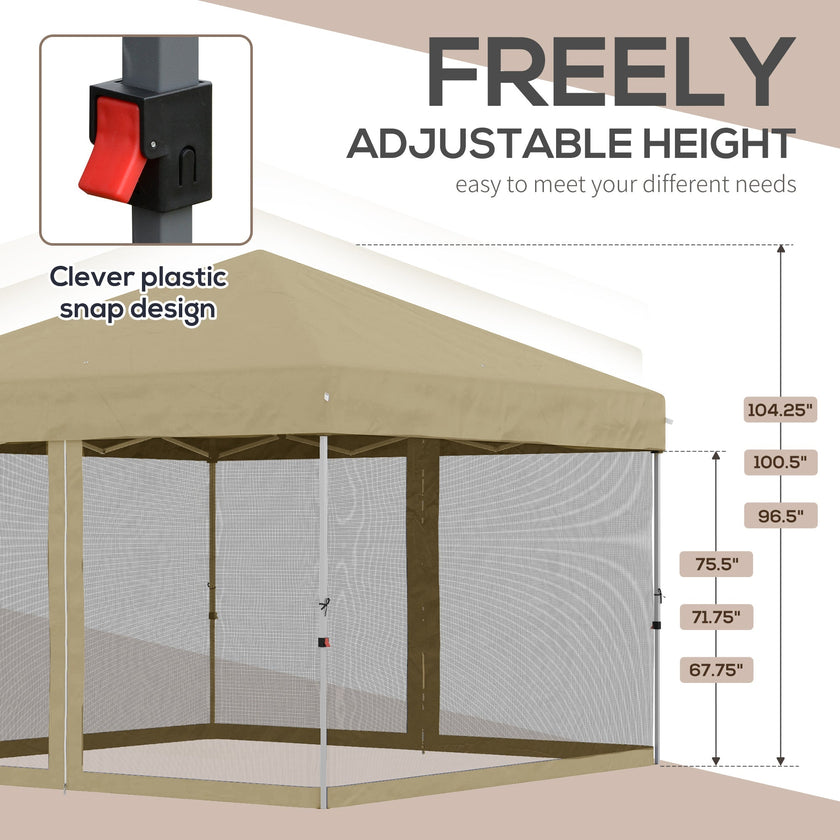 Outsunny 10' x 10' Pop-Up Party Tent Outdoor Canopy Tent with Mesh Sidewalls, 3-Level Adjustable Height, Roller Bag, Khaki