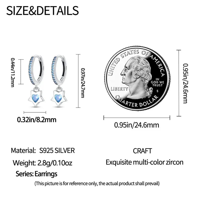 Celestial Charm Sterling Silver Hoop Earrings With Blue Star And Heart
