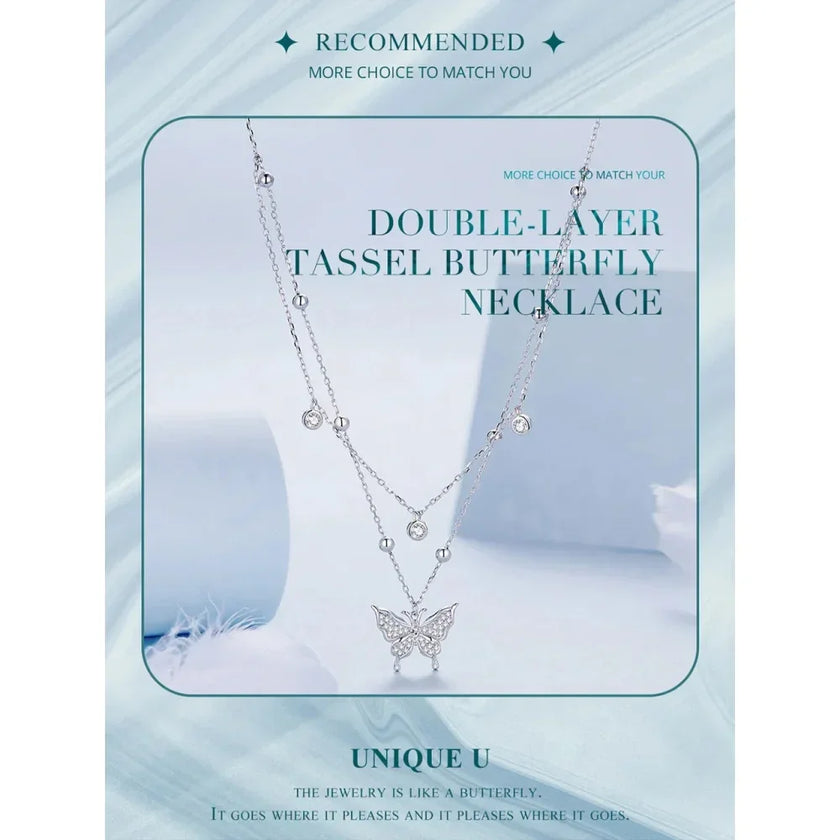 925 Sterling Silver Double-layer Tassel Butterfly Pendant Necklace for Women - Elegant Fine jewelry