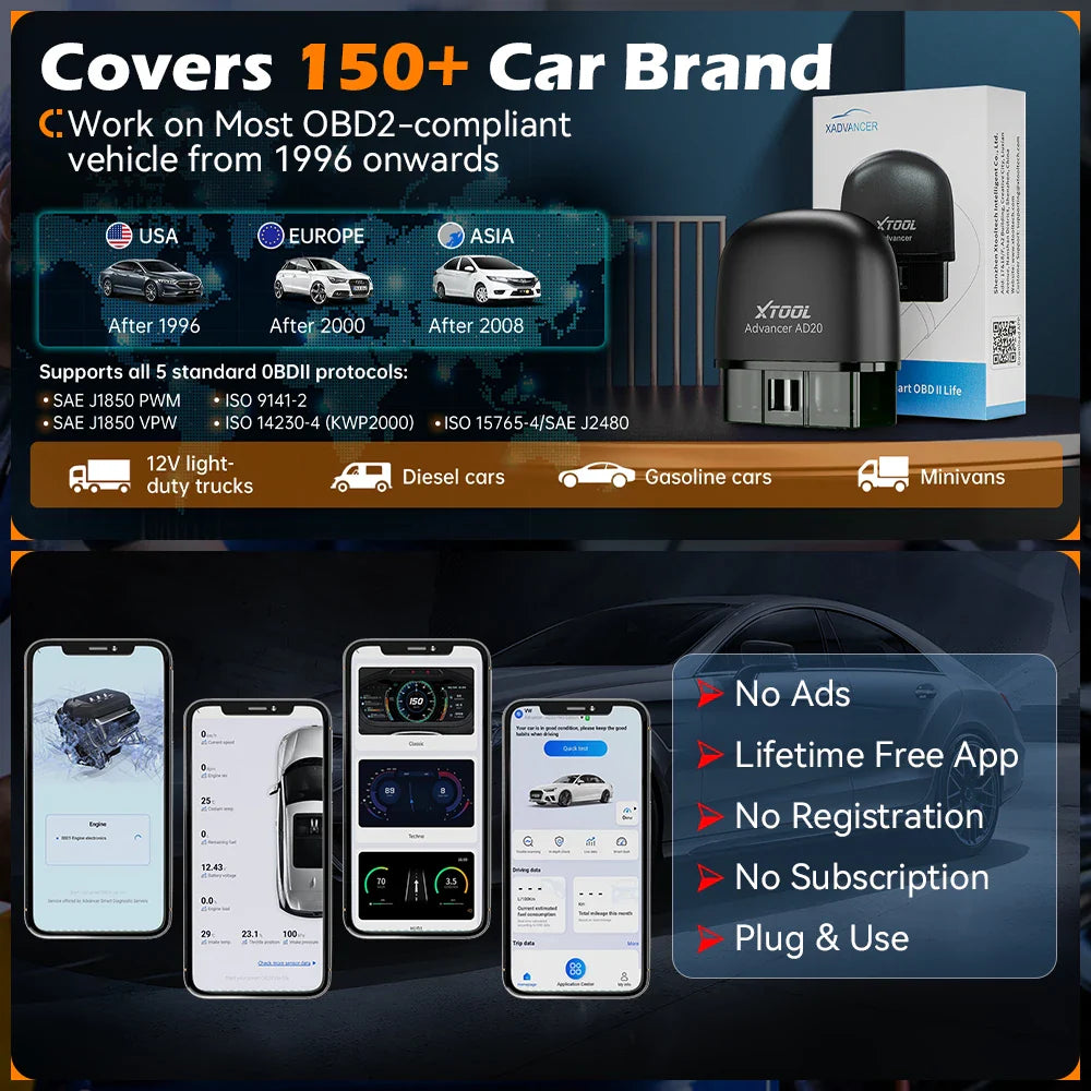 XTOOL Advancer AD20 Mini Bluetooth 5.0 OBD2 Scanner Full obd2 Functions Car Diagnostic Scan Tool Read/Clear fault code Universal