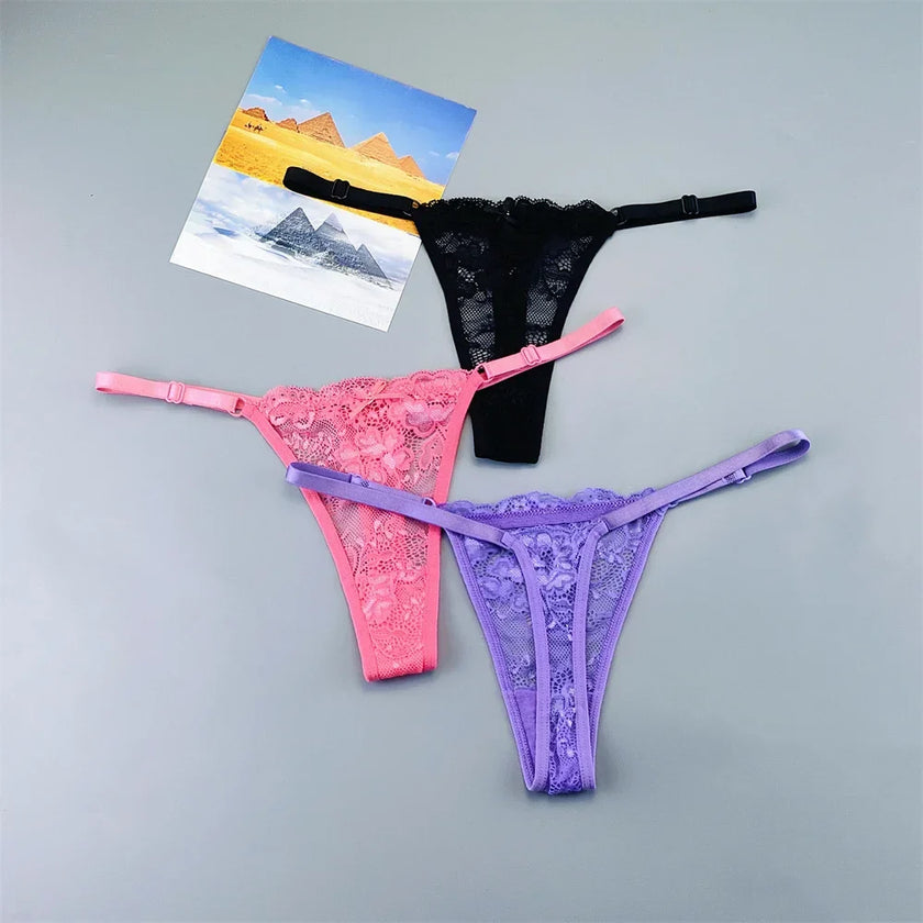 3PCS Lace Thong Set – Sheer, Strappy & Seductive