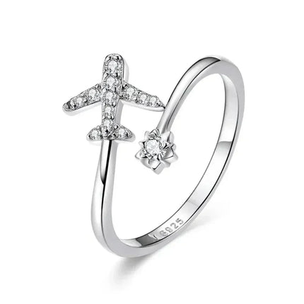 925 Sterling Silver CZ Flying Plane Open Ring