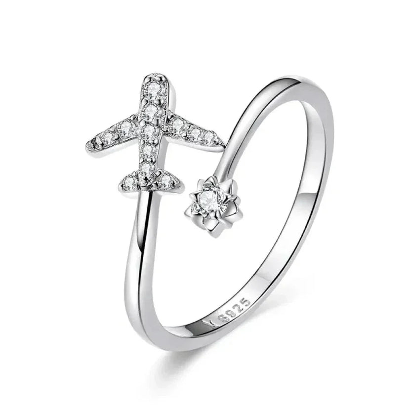 925 Sterling Silver CZ Flying Plane Open Ring