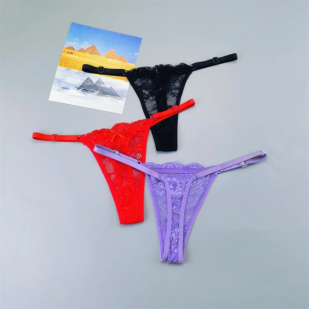 3PCS Lace Thong Set – Sheer, Strappy & Seductive