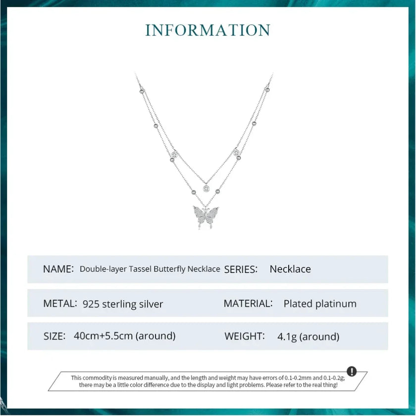 925 Sterling Silver Double-layer Tassel Butterfly Pendant Necklace for Women - Elegant Fine jewelry