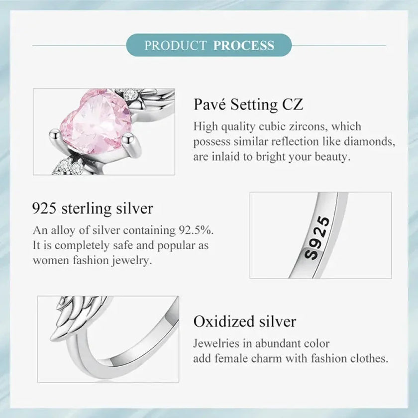 925 Sterling Silver Pink Heart Wing CZ Ring
