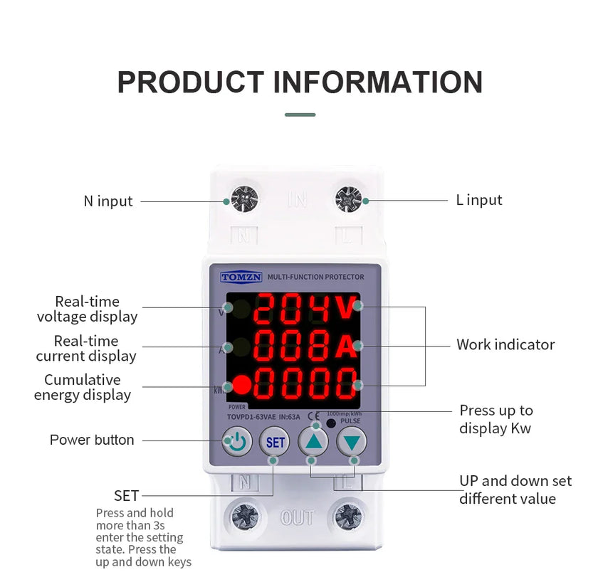 Protection Relay 40-80A 220/230V TOMZN with Din Rail Dual Display