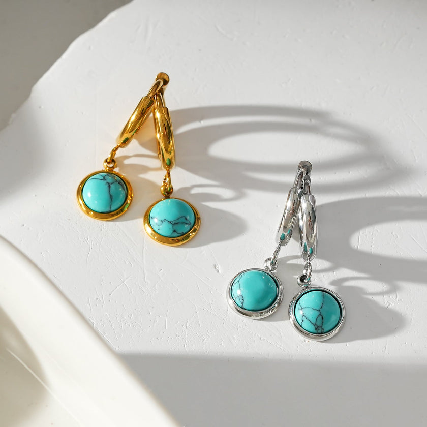 Style SAGRES White Gold (Silver Toned): Vintage Inspired Natural Stone Drop Hoop Earrings