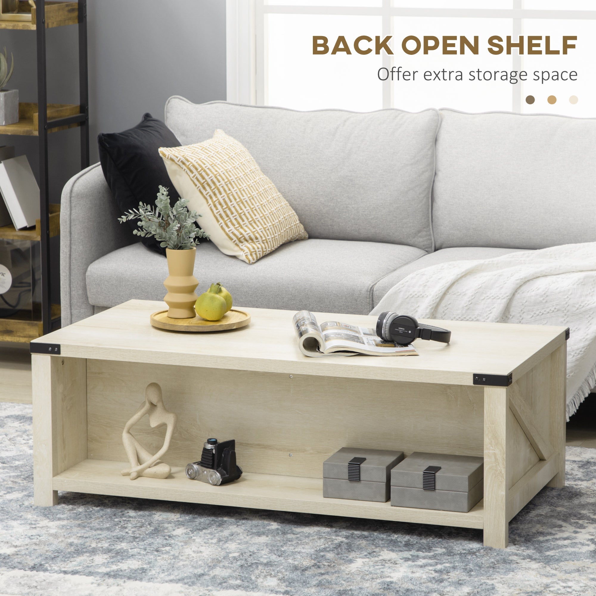 Lowen Farmhouse Coffee Table with Drawer and Open Storage Shelf-White Oak