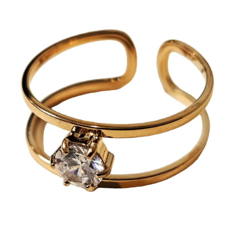SINTA : Bague minimaliste à double anneau avec zircone solitaire au centre.