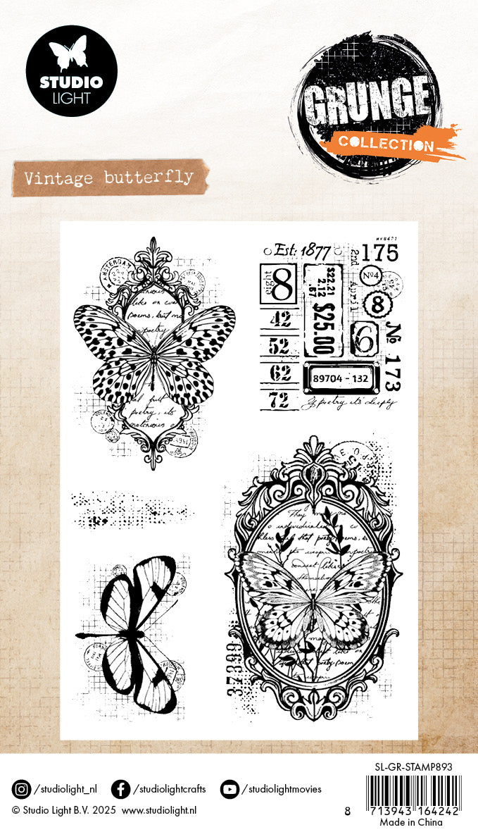 SL Clear Stamp Vintage Butterfly Grunge Collection 93x136x3mm 5 Pieces
