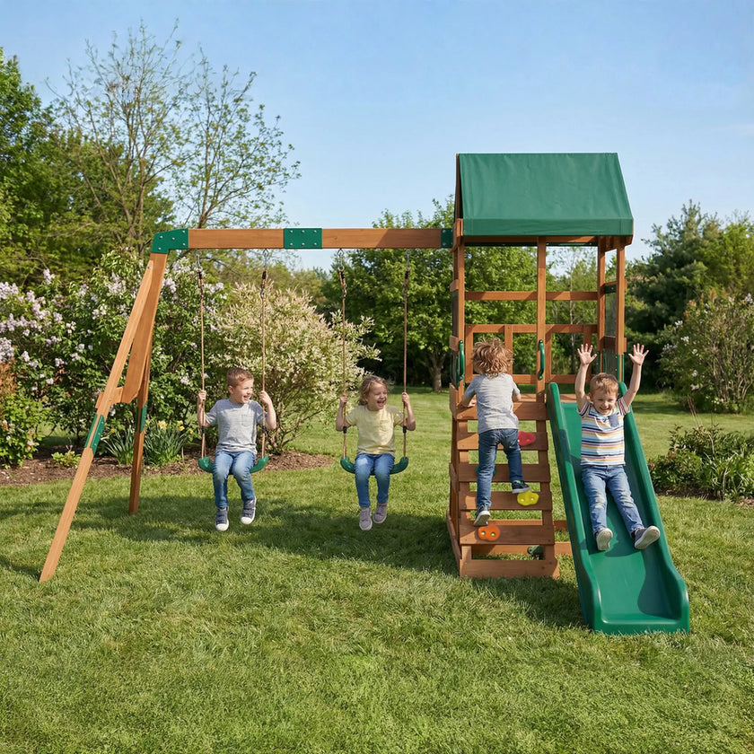 Qaba Wooden Swing Set with Slide, 2 Swings & Rock Wall (Kids Outdoor Playset)