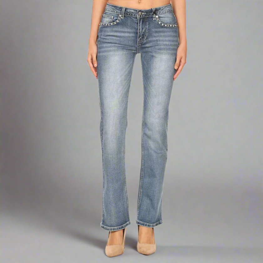 Platinum Plush Women's Rhinestone Skull & Bones Bootcut Jeans