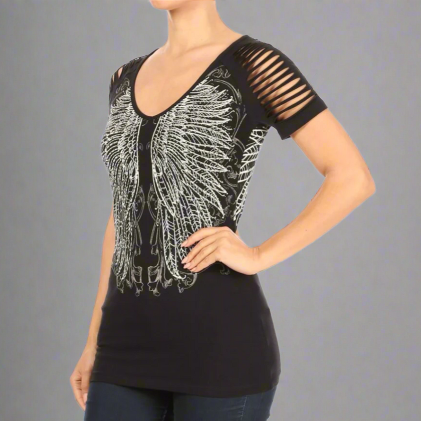 Women's Rhinestone Angel Wing Raglan Top