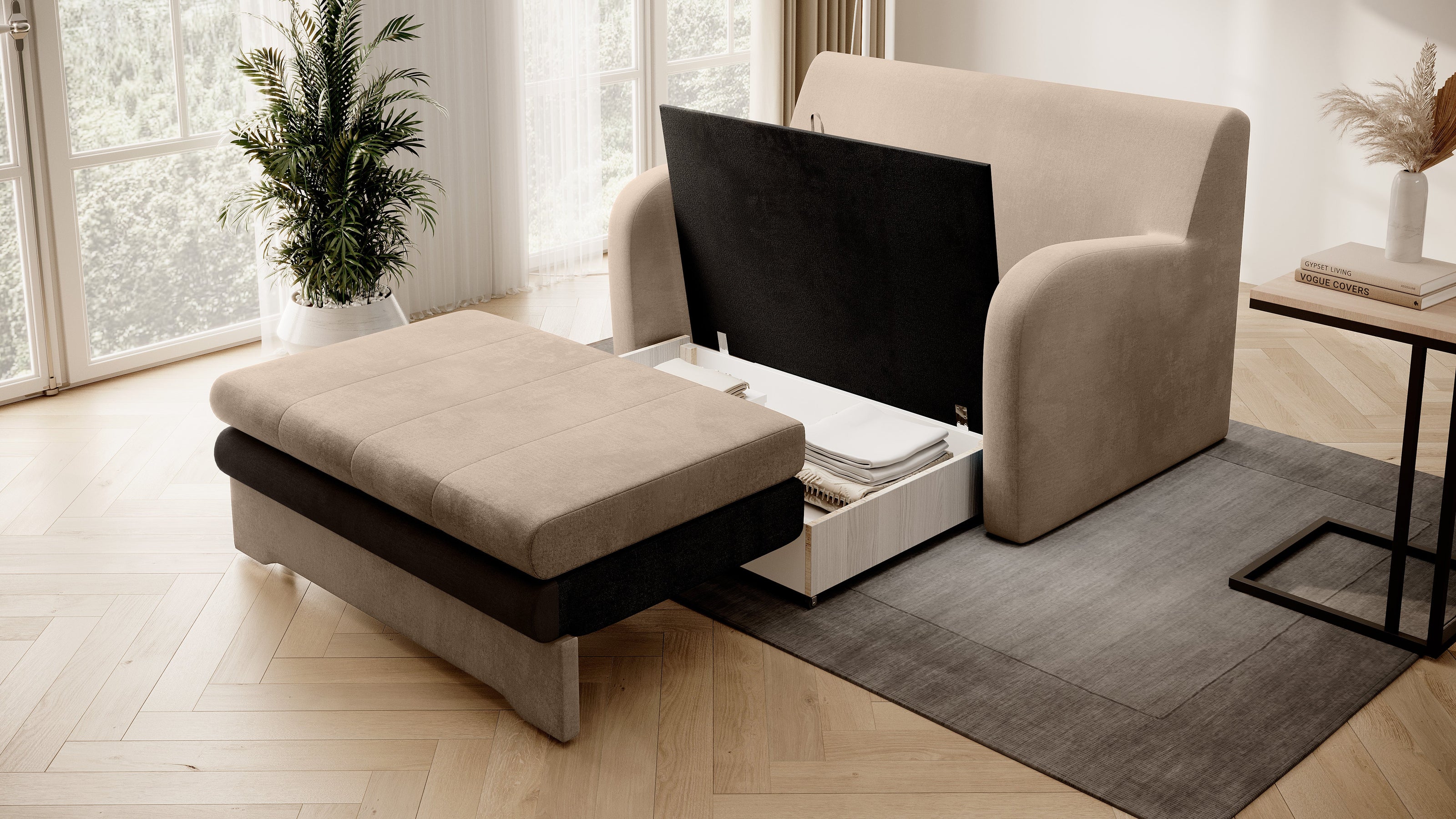 Ario Condo Style 2 Seater Storage Sleeper Sofa - Beige/Brown