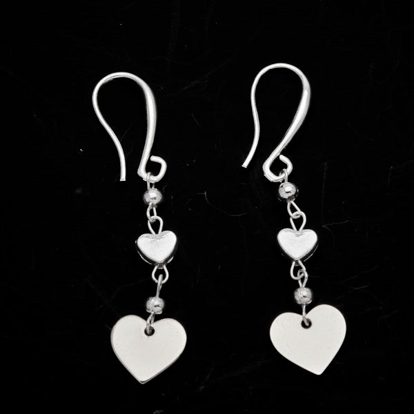 Silver Plate Double Drop Heart Charm Earrings