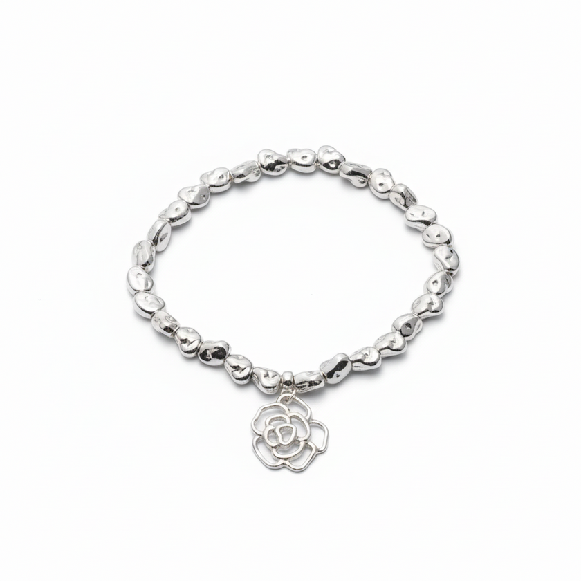 Rose Charm Nugget Bracelet in Silver Plate