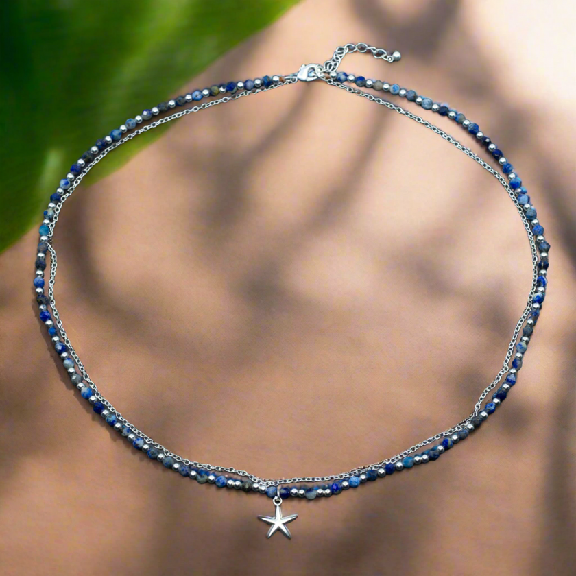 Blue Crystal Charm Necklace In Silver Plate