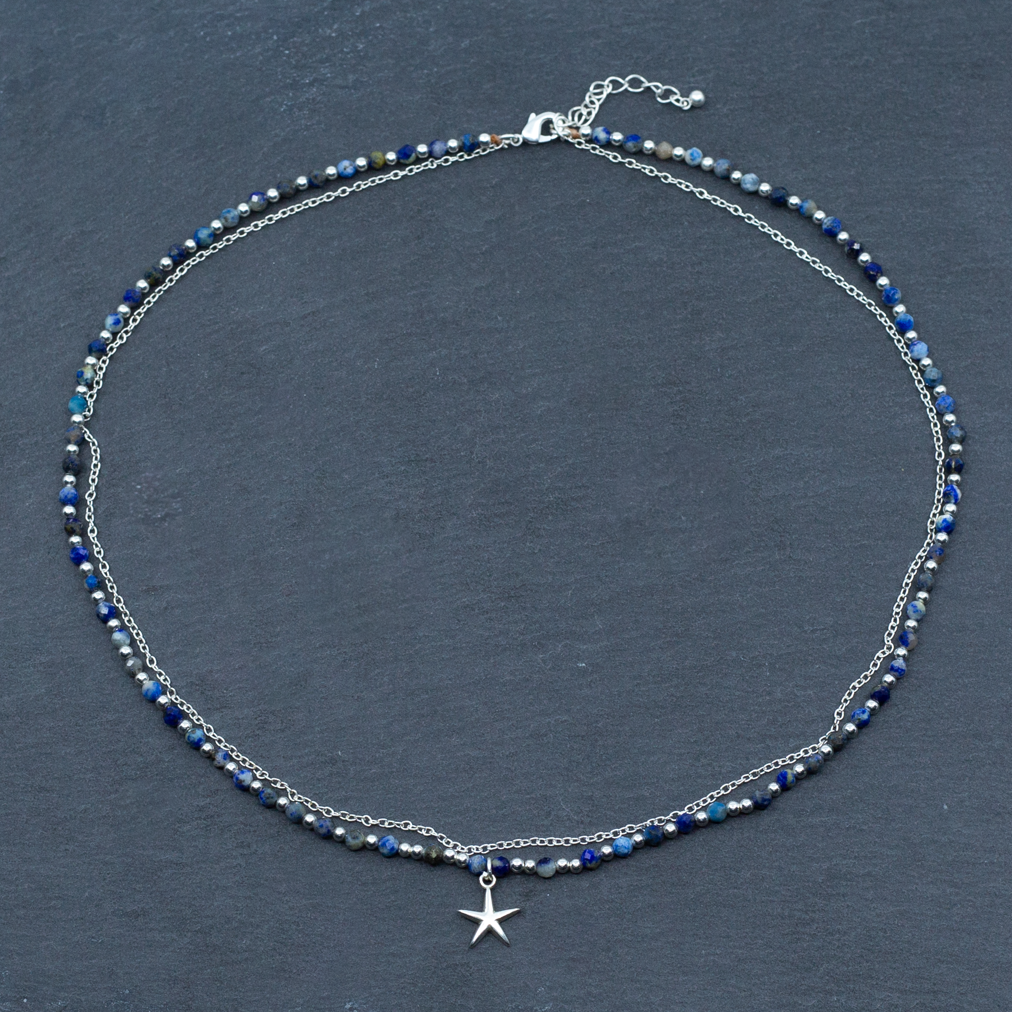 Blue Crystal Charm Necklace In Silver Plate