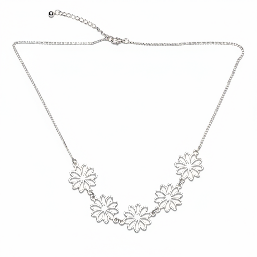 Five Flower Necklace In Silver Plate