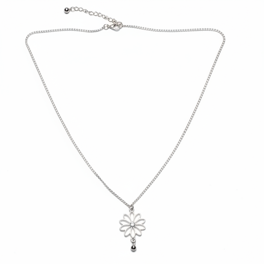 Single Flower Necklace In Silver Plate