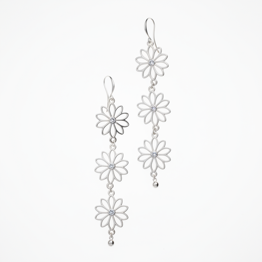 Triple Flower Drop Earrings In Silver Plate