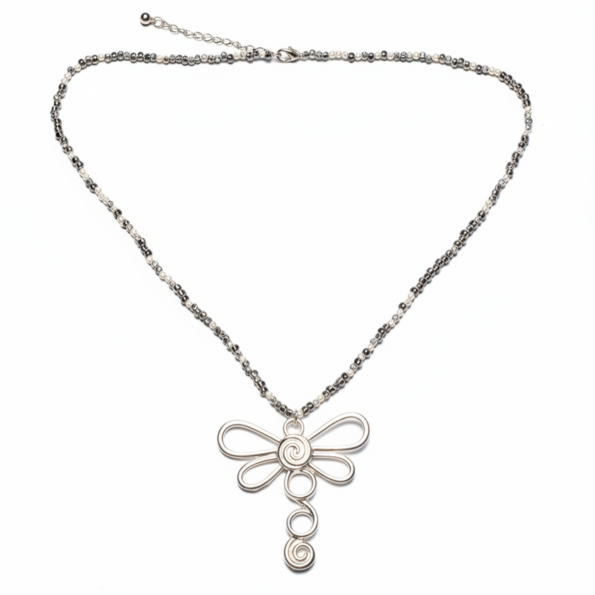 Dragonfly Necklace On Cube. Chain In Silver Plate