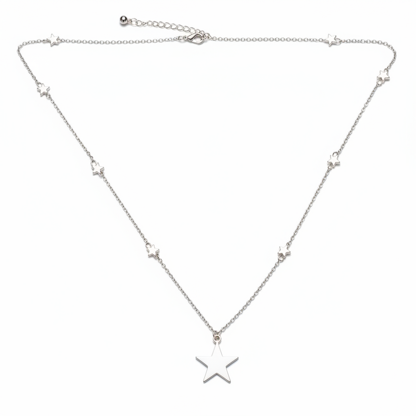 Star On Star Chain Necklace In Silver Plate