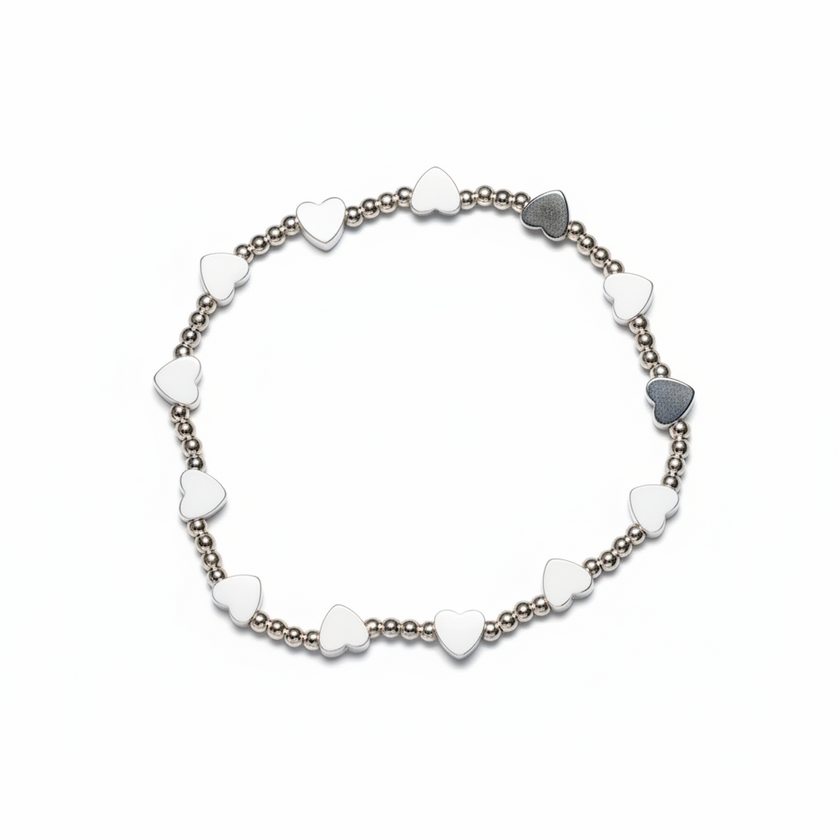 Elasticated Heart Bracelet In Silver Plate