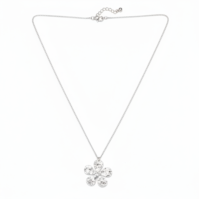 Hammered Flower Pendant On Chain - Silver Plate (SP105)