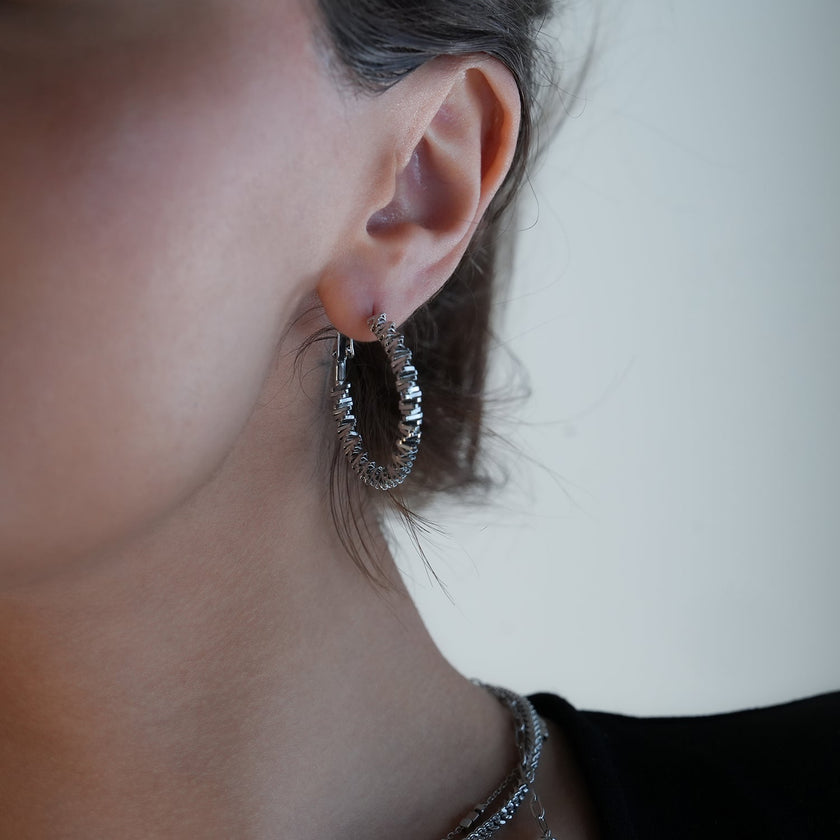 Style SPRINGDALE Silver: Textured Geometric Square Beaded Hoop Earrings