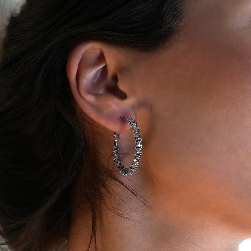 Style SPRINGDALE Silver: Textured Geometric Square Beaded Hoop Earrings