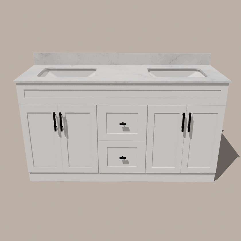 72-Inch Double Sink Shaker Bathroom Vanity — White or Gray | Plywood Cabinet, Solid-Wood Doors, Soft-Close 3-Way Clip-On Hinges | Center 2 Drawers