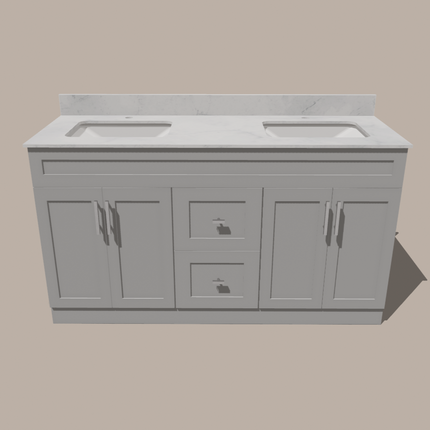 60-Inch Double Sink Shaker Bathroom Vanity — White or Gray | Plywood Cabinet, Solid-Wood Doors, Soft-Close 3-Way Clip-On Hinges | Center Drawers