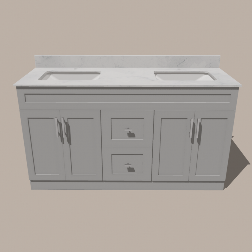 60-Inch Double Sink Shaker Bathroom Vanity — White or Gray | Plywood Cabinet, Solid-Wood Doors, Soft-Close 3-Way Clip-On Hinges | Center Drawers