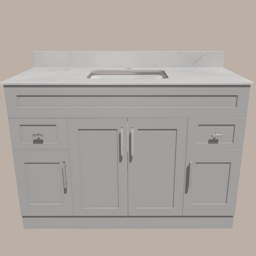 48-Inch Shaker Bathroom Vanity — White or Gray | Plywood Cabinet, Solid-Wood Doors, Soft-Close 3-Way Clip-On Hinges